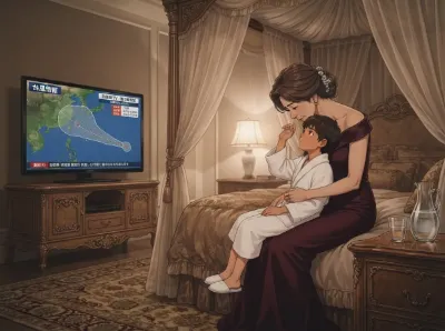 台風を怖がる少年を気遣う女性