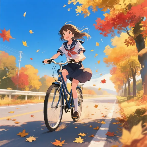 紅葉舞う秋道の自転車少女