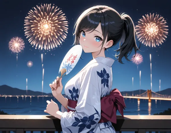 花火の夜に微笑む浴衣の少女