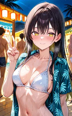 真夜中のビーチと少女