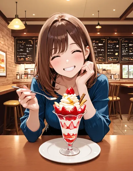 甘いパフェに微笑む少女