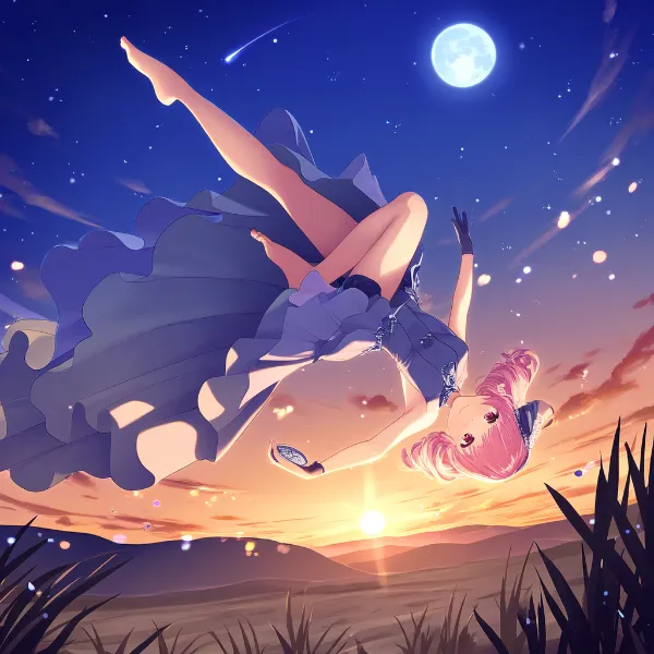 月夜に照らされた少女が砂漠で舞い踊っている様子
