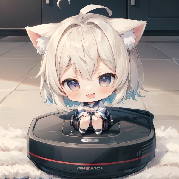 cat girl sitting on a robot vacuum cleaner