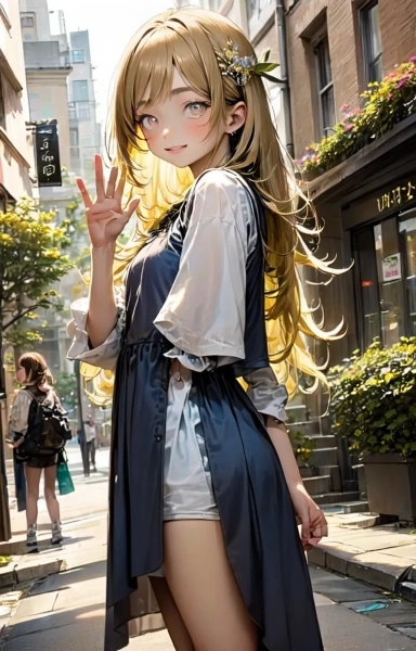 街角で挨拶を交わす金色の髪の少女