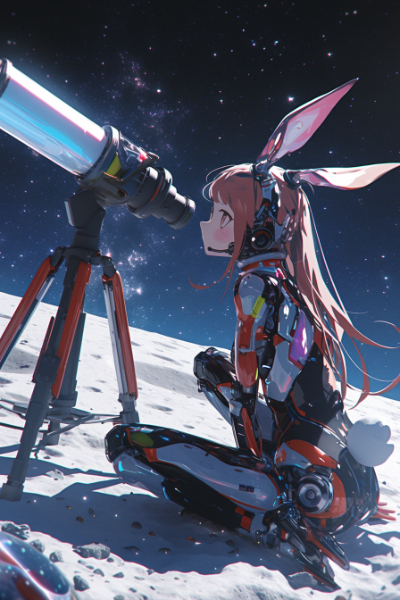月面で天体観測をするサイボーグうさぎ娘
