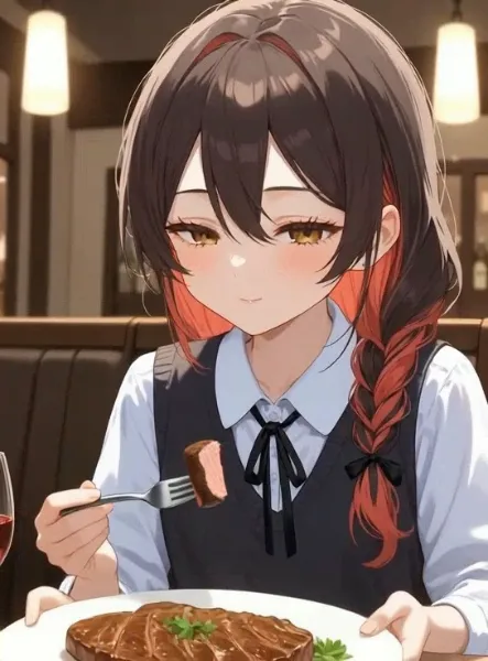 誰も見ていない事がわかるとナイフを置いて皿を手に取ってガッツリ食べ始めるインナーカラーの髪の少女