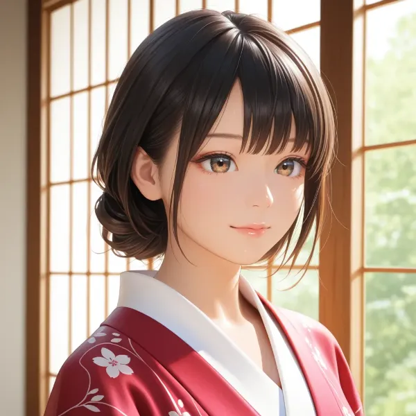 紅い着物の穏やかな微笑み