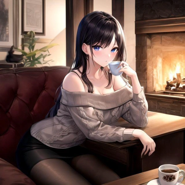 暖炉の傍でくつろぐ美女