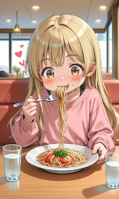 空腹少女のパスタ食い