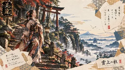紅葉の参道が導く雲上の社