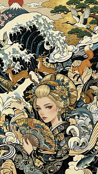 波と富士と動物たちの幻想絵巻／スマホ壁紙アーカイブ