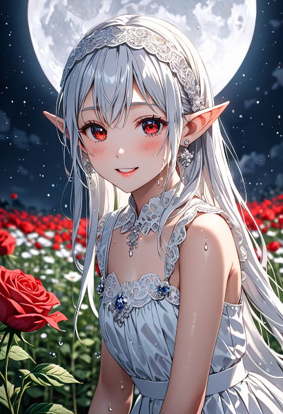 月下の薔薇に微笑むエルフ姫