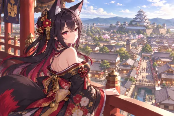 城下町を望む狐耳少女