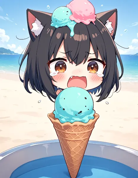 ソフトクリームににゃっちゃったニャ～(TOT)