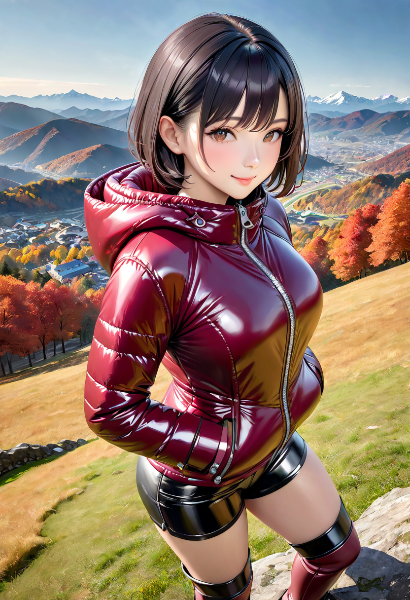 【参照生成用】赤ダウン女性の立ち姿