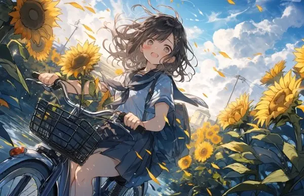 夏空と向日葵と自転車