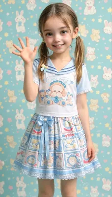 セーラー風シャツとリボン付きスカートのコーデ