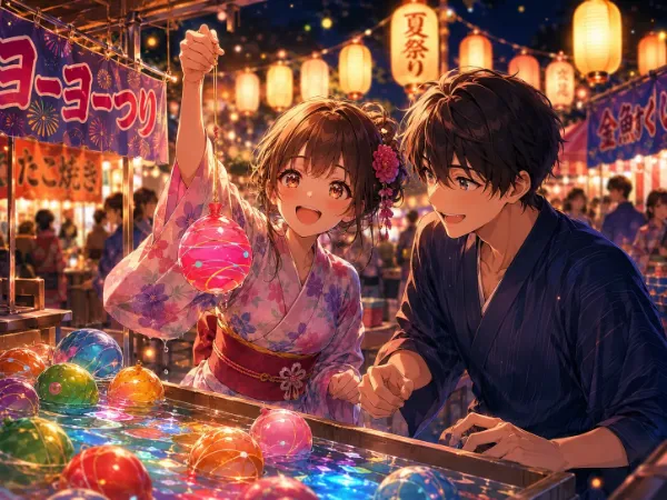 夏祭りの夜、ヨーヨー釣りに夢中