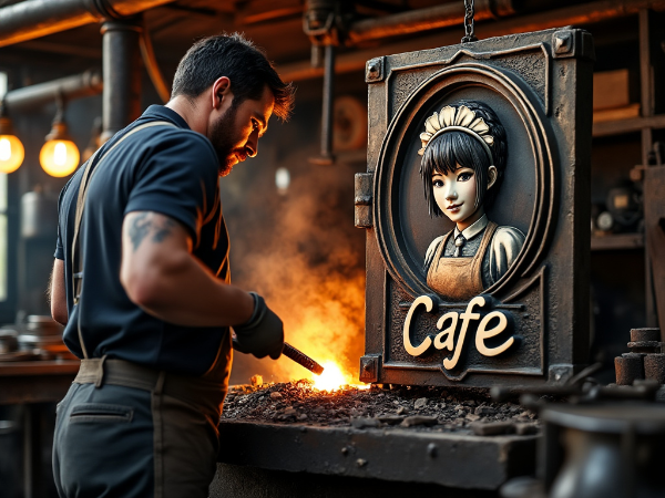 喫茶店の看板を造っている鍛冶屋