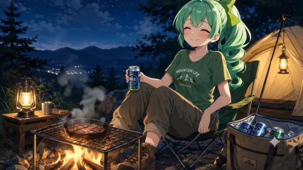 キャンプ場でビール