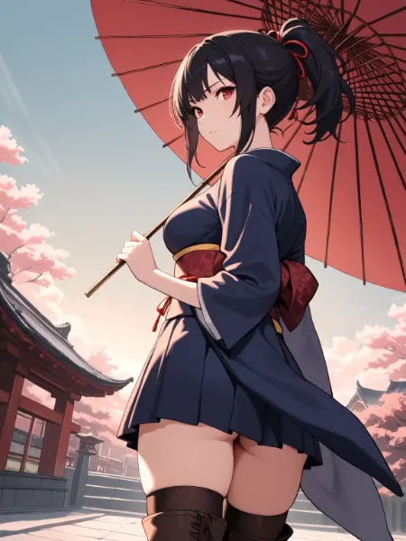 和傘をさした黒髪ポニテ美少女