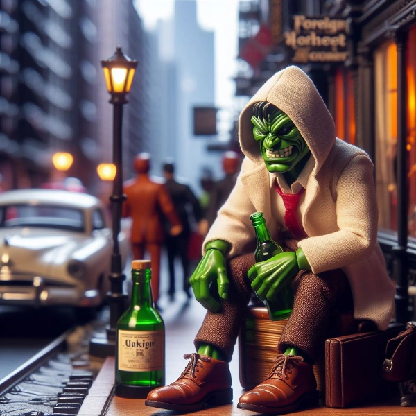 異国の街角と酒瓶を手にした革靴を履いた緑のゴブリンさん