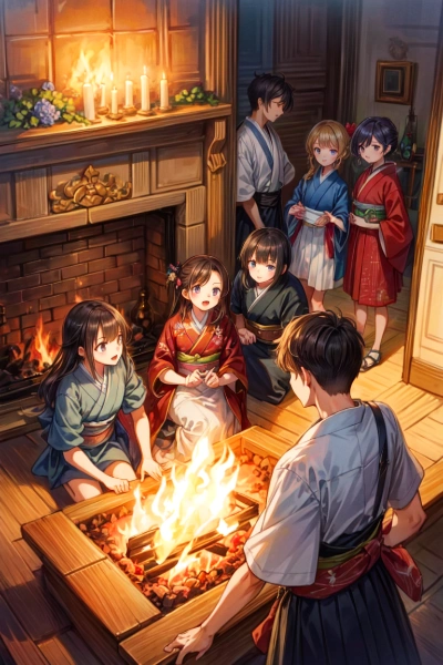 みんなで囲炉裏で暖を取ろう★（４枚）レトロモダン街シリーズ100
