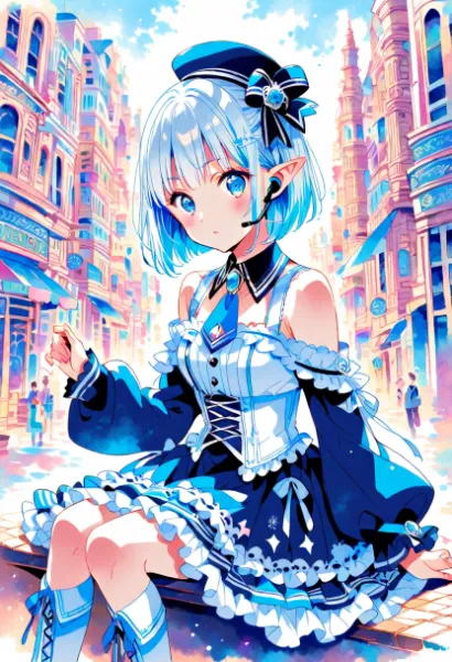 尖塔の影と髪の留め具、街路を背に