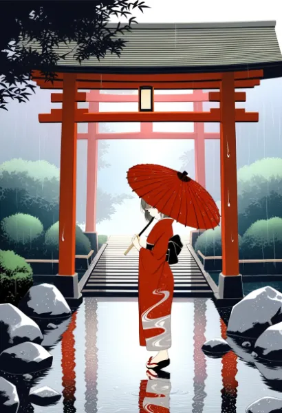 雨の鳥居に佇む紅い美女