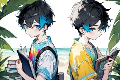 双子、海に行く