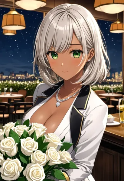 バラの花束をもらって照れるお姉さん