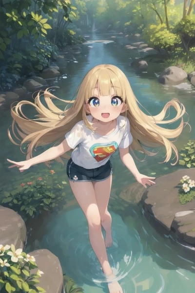 水辺で佇む金色の髪の少女