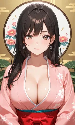 桜色の着物に微笑む美人