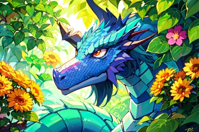 花に囲まれた竜