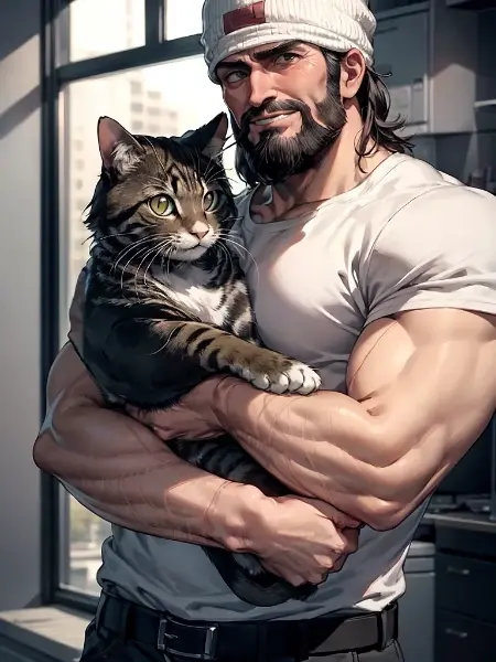 猫を抱きかかえるマッチョ