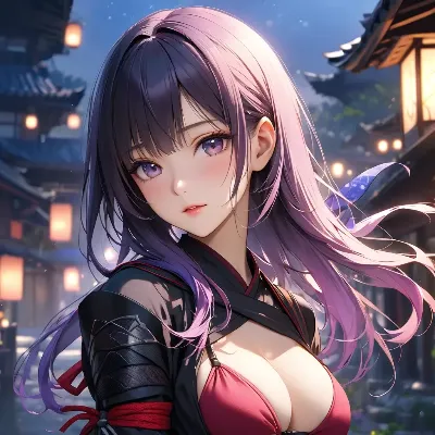 夜の街に佇む紫髪の美女