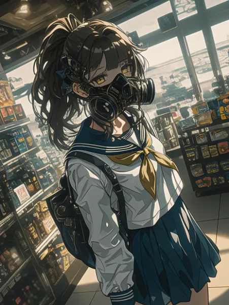 海辺の売店とガスマスク