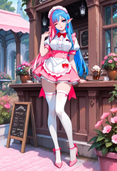 静かな庭に、青と桃がそっとほどけていく