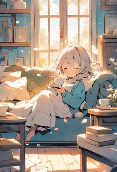 ターコイズ色のソファーベッドと午後のティータイム