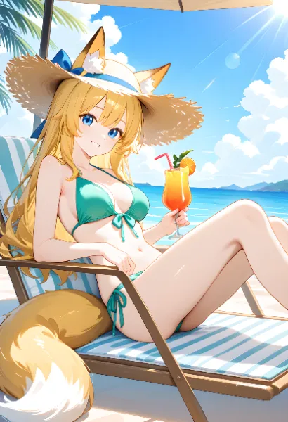 夏のビーチでくつろぐ狐耳少女