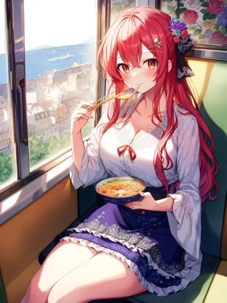 電車でラーメン食べる女性