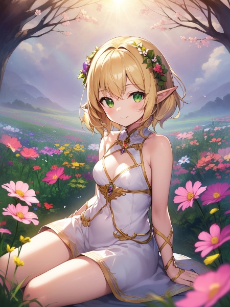 コスモスの花畑とエルフちゃん4