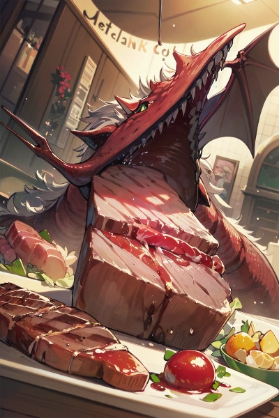 ステーキを食べるドラゴン