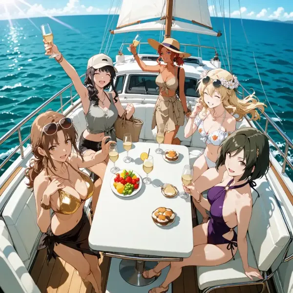 輝く海で乾杯する夏の航海
