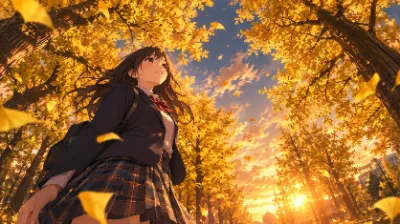 黄金色に染まる通学路