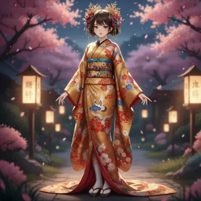 夜桜に輝く金色の着物