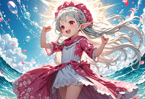 大波の海で拳を上げる妖精少女