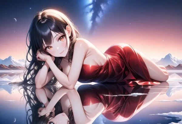 紅いドレスの湖上美女