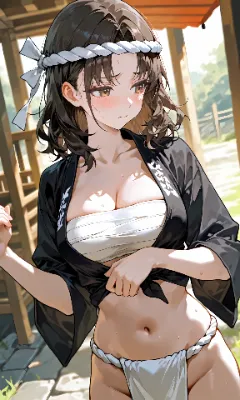 茶髪ミドルロングウェーブ　褌