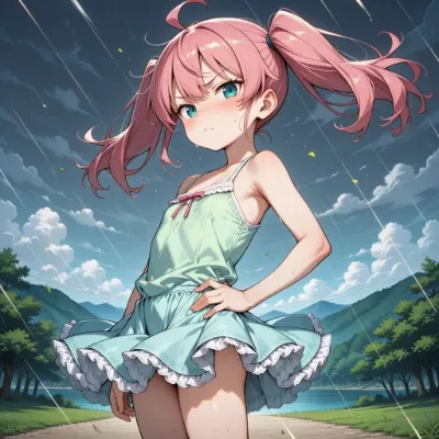 雨に濡れたピンクツインテの少女